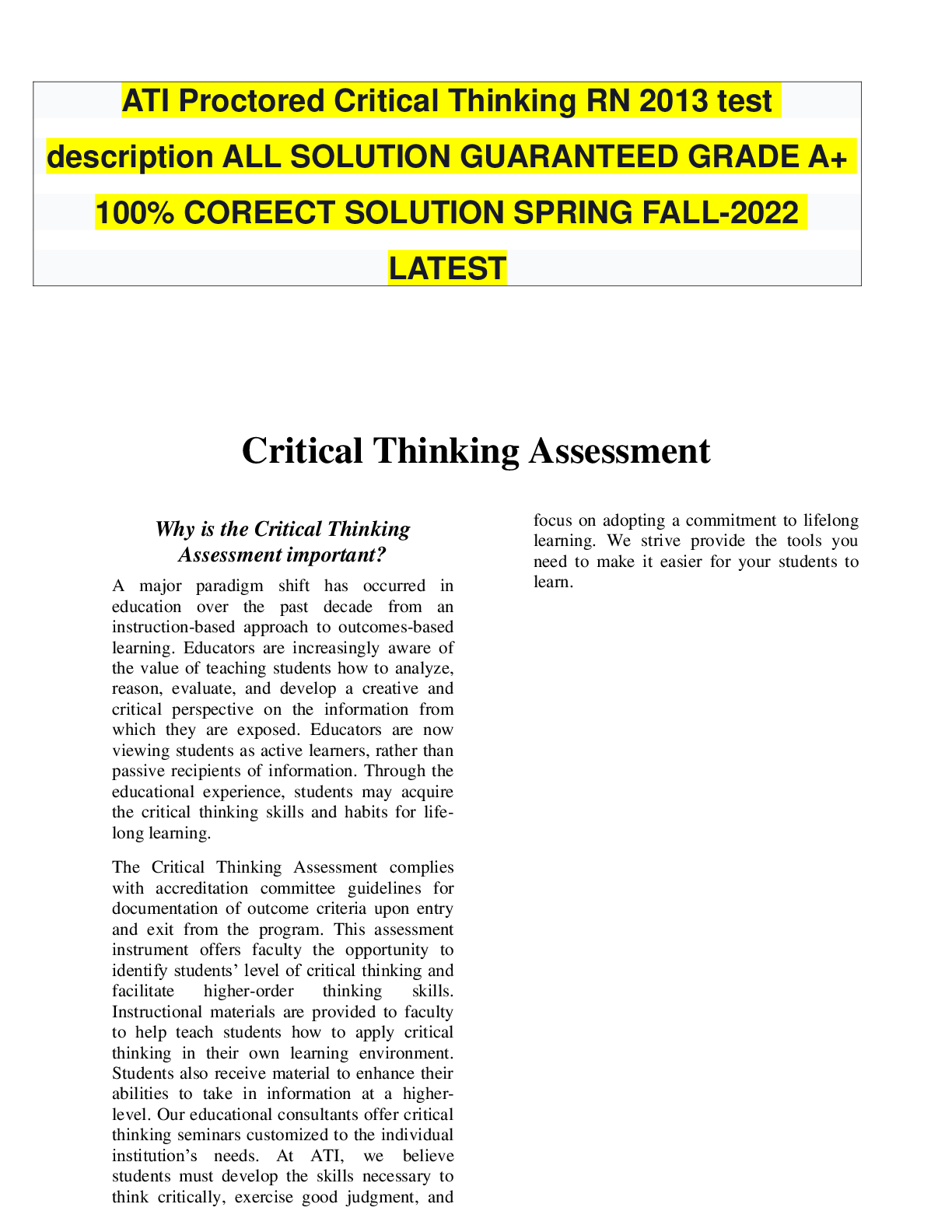 ati critical thinking assessment entrance